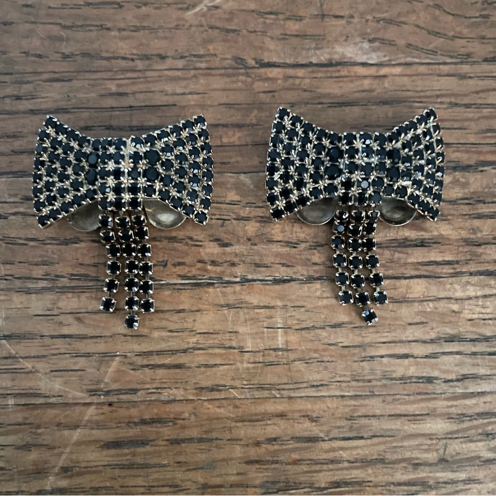 Vintage Musi Black Rhinestone Bow Shoe Clips with Fringe Dangle 1950s-60s
